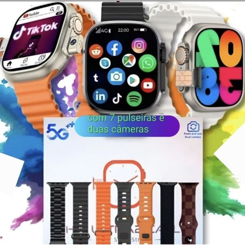 Relógio Smartwatch Android celular de pulso 7 pulseiras 4Gb de Ran e 64Gb de armazenamento 5G