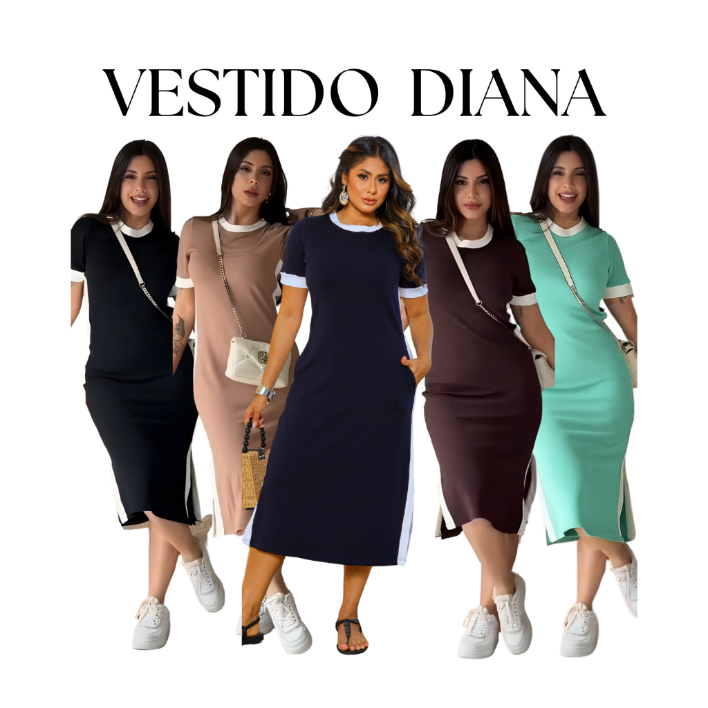 vestido Midi femenino elegante manga curta con fenda lateral e bolso
