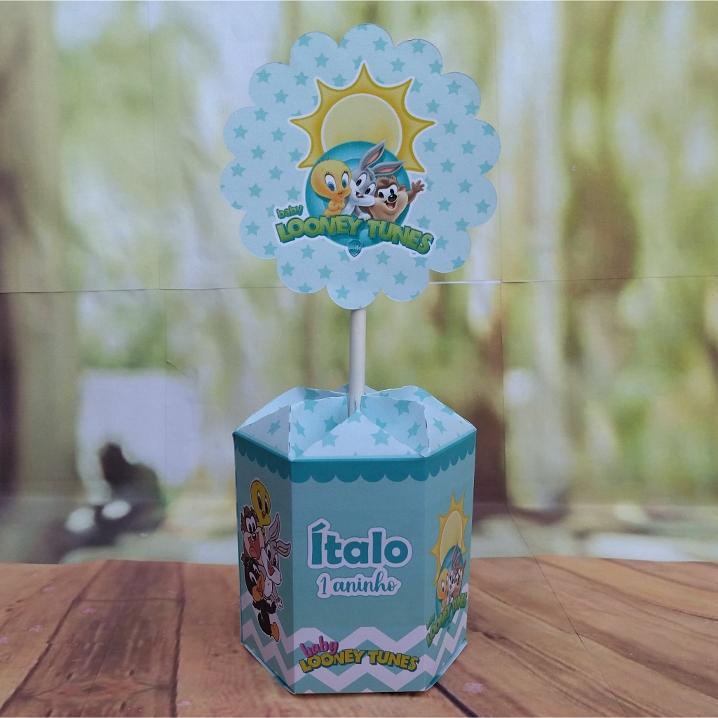 PEGUE e MONTE - Centro de Mesa Sextavado - Tema Baby Looney Tunes Azul - Lembrancinha de Festa Infantil
