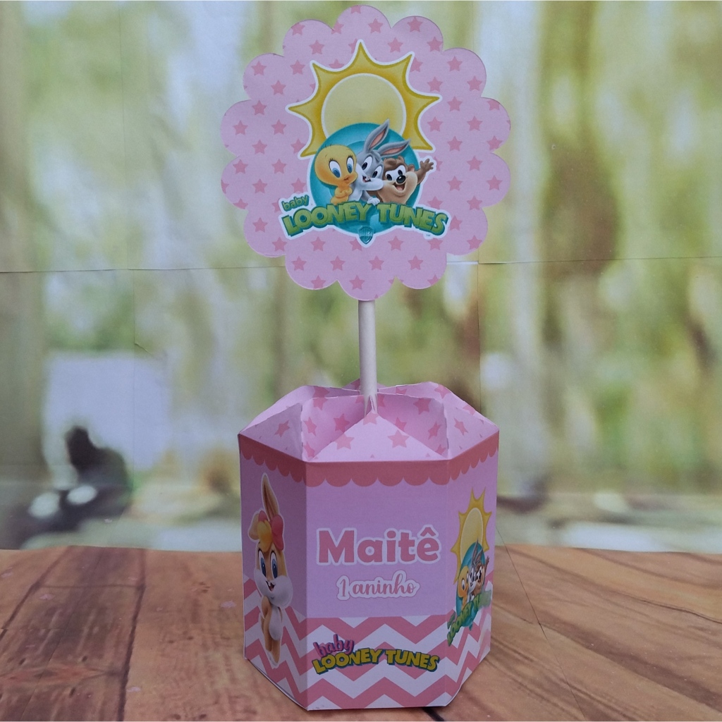 PEGUE e MONTE - Centro de Mesa Sextavado - Tema Baby Looney Tunes Rosa  - Lembrancinha de Festa Infantil