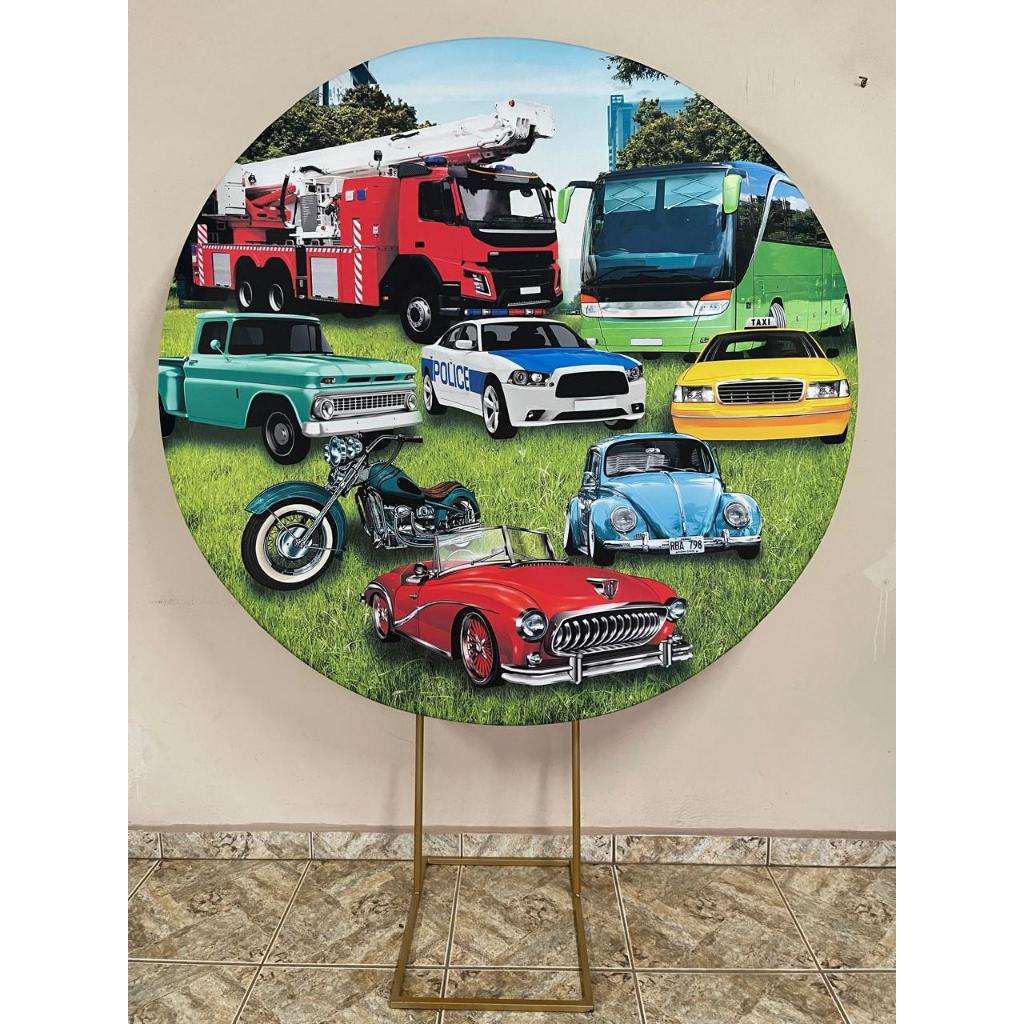 Capa para painel de Festa Redondo 1,50 mts Malha Sublimado Carros bombeiro onibus fusca taxi policia