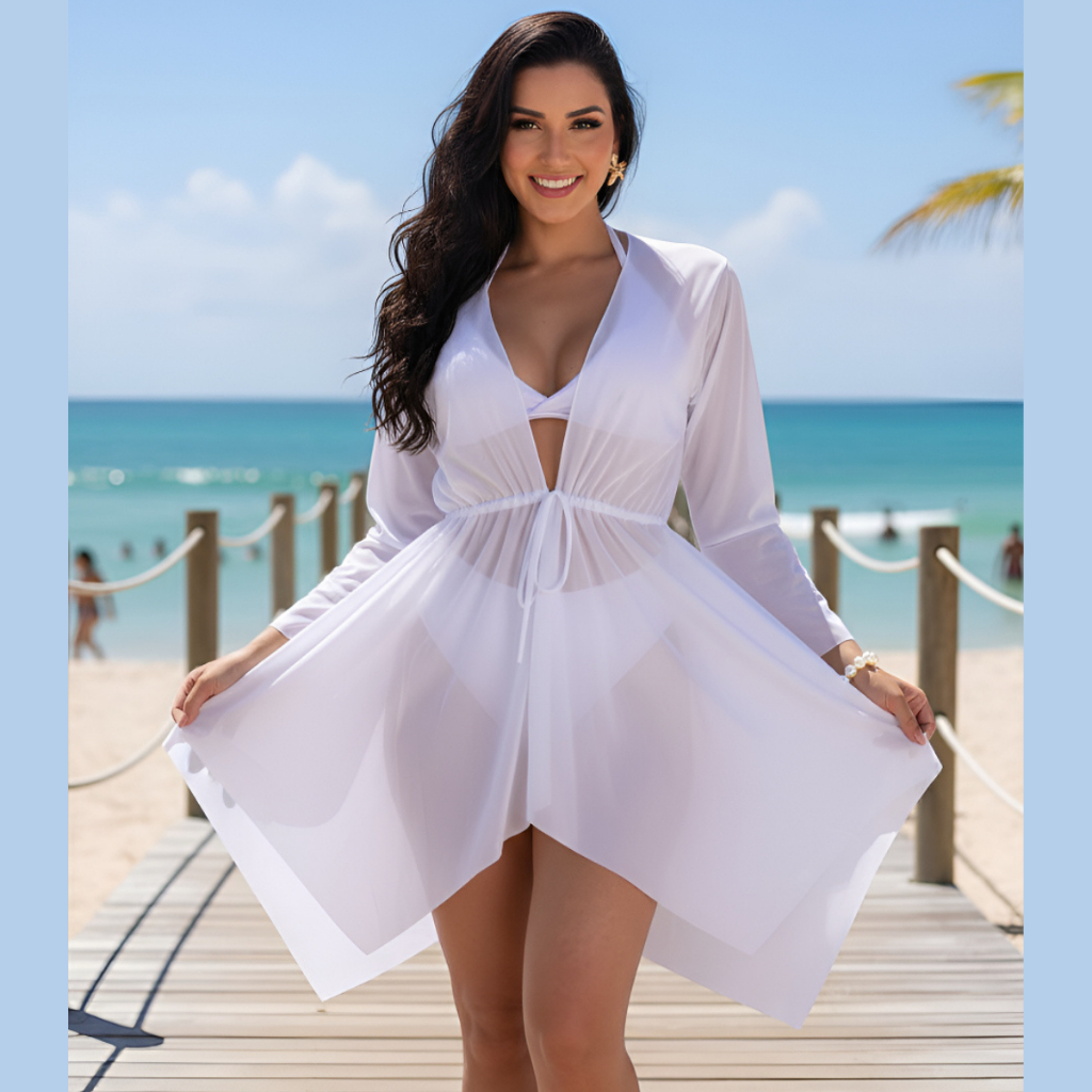 Saída de Praia Feminina Kimono Tule Amarrar Transparente Levinho Cardigã Vestido Verao