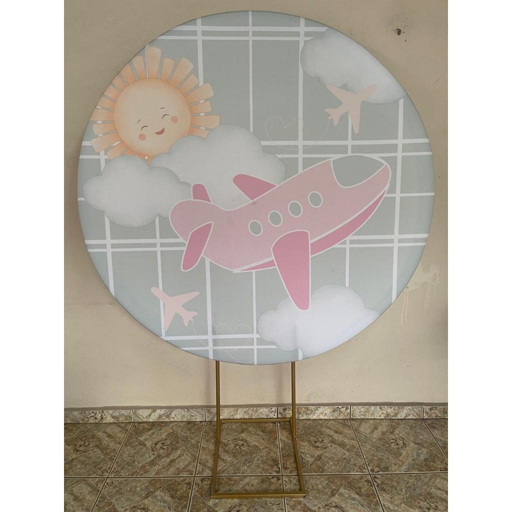 Capa para painel de Festa Redondo 1,50 mts Malha Sublimado viagem volta ao sol aviao rosa menina