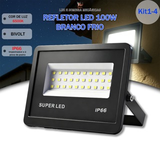 Kit 1 a 4 Refletor LED 100W IP66 Super Potente à Prova d'Água, Luz Branca, Bivolt para Área Externa em Oferta na Shopee
