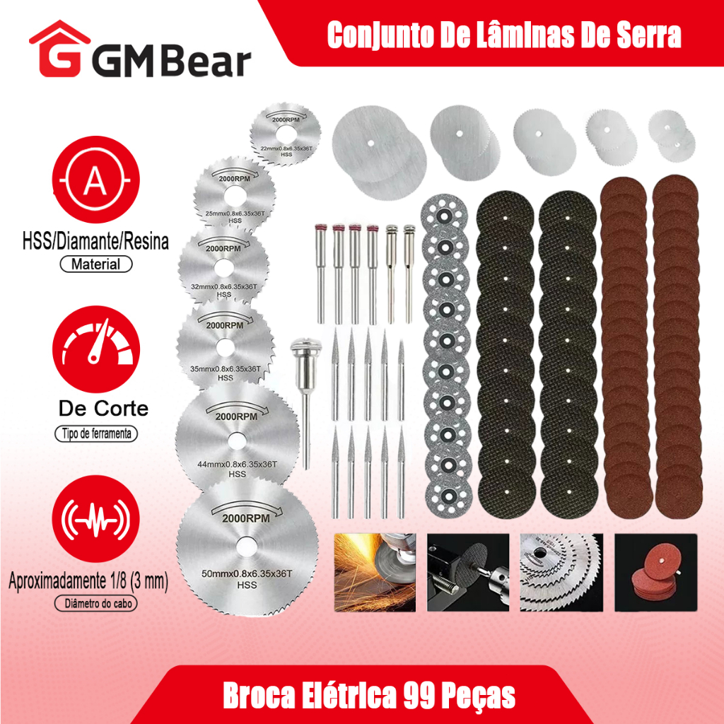 GM Bear Discos de Corte Serra HSS 99 Peças c/ Broca para Metal/Madeira/Plástico/Alumínio/PVC/MDF - Micro Retífica