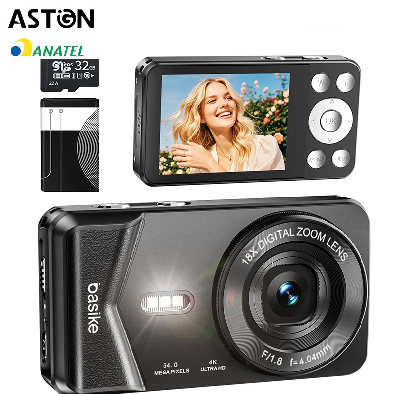 Astgn X Basike Câmera Digital 4K  Zoom 18XEstabilização Eletrônica | Tela 2.8” | Fotos 64MP | 3 Cor em Oferta na Shopee