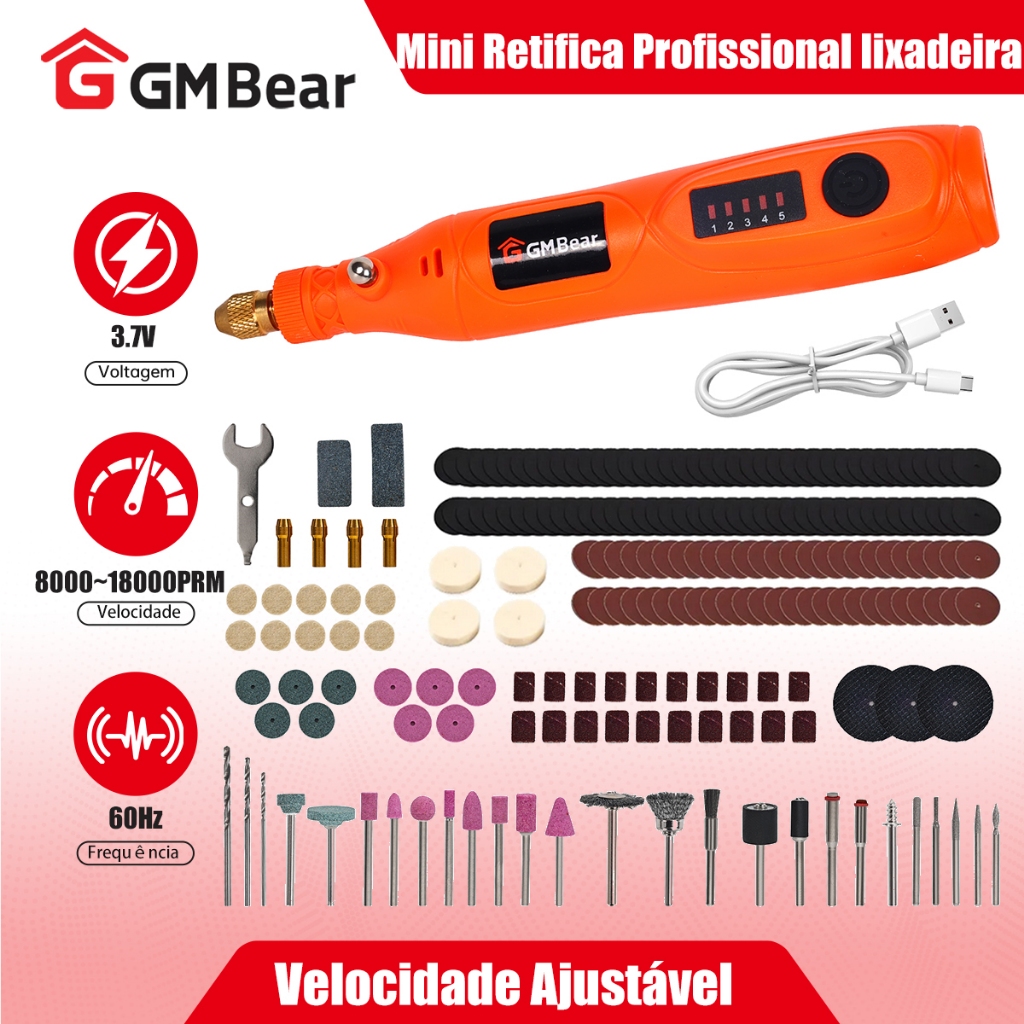 GM Bear Mini Esmerilhadeira Rotativa USB 508 Velocidades c/213 Peças + Acessórios para Escultura/Manicure/Modelismo