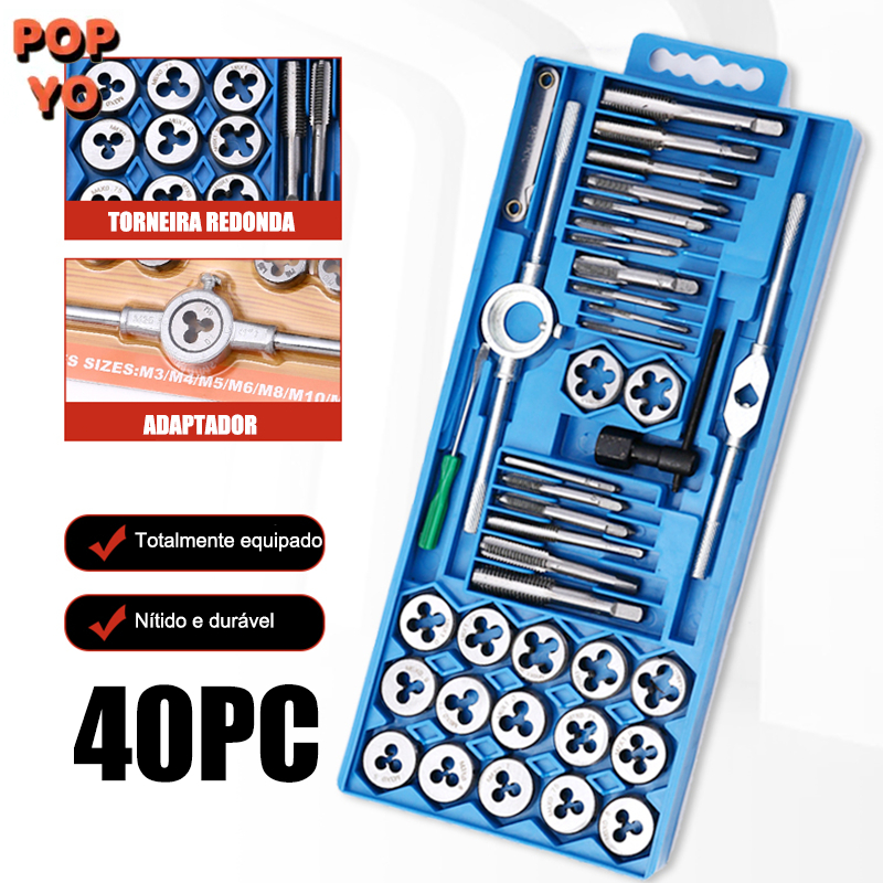 Jogo de Tarrachas e Cossinetes 40 Peças – Maleta Completa para Roscas, Motores e Reparos DIY POPYO