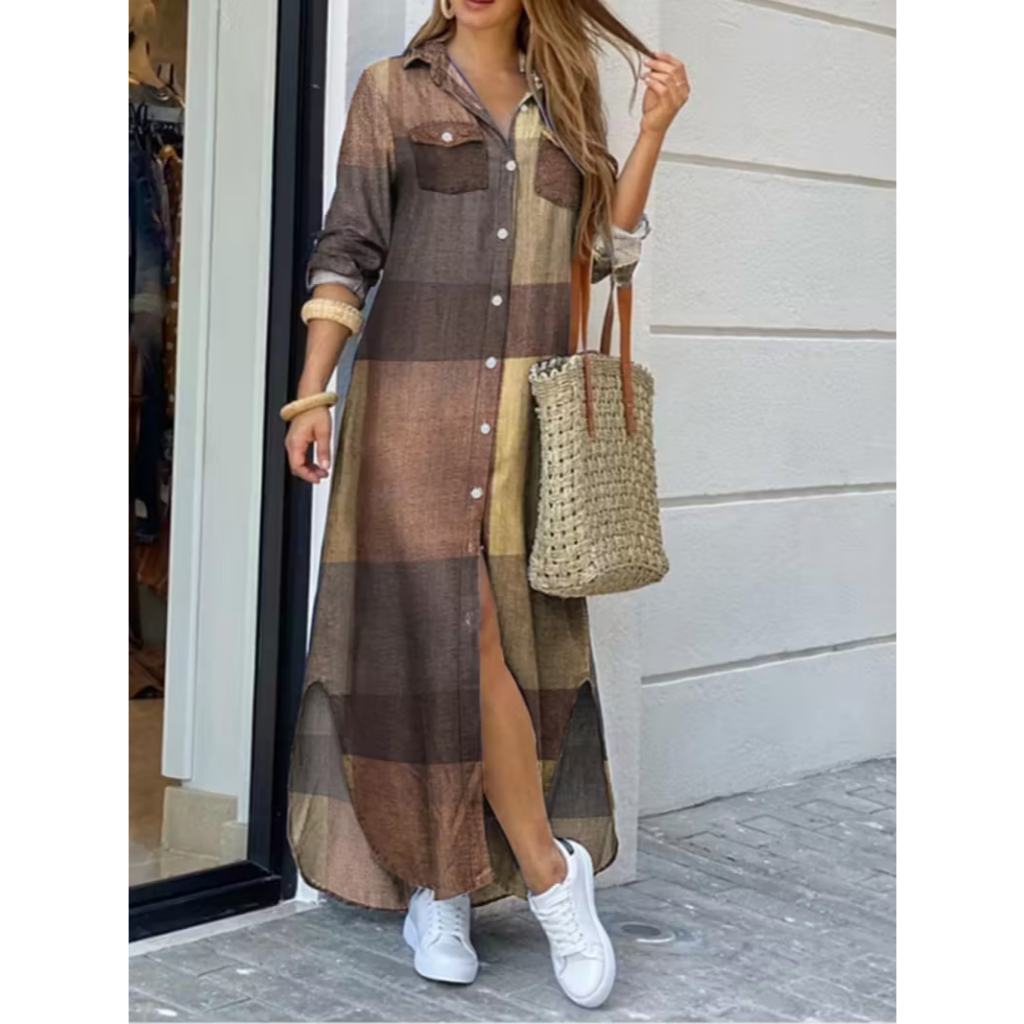 Camisa elegante feminina com gola e vestido maxi em A com bolso no peito - Blusa com botões em lavável na máquina, traje