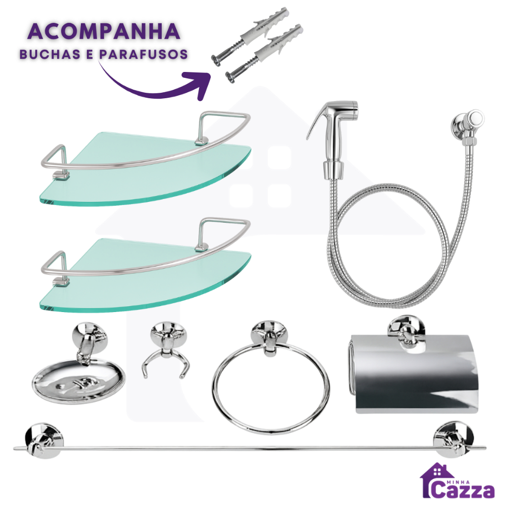 Kit de Acessórios Banheiro Cromado com Porta Shampoo Canto vidro Grosso e Ducha Higiênica Completa