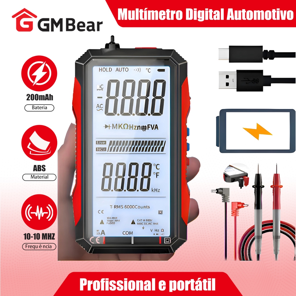 GM Bear Multímetro Digital,Multímetro Digital Automotivo,com Iluminação Bip Profissional Portátil,6000 contagem digital