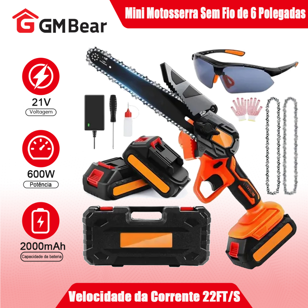GM Bear Mini Motosserra Sem Fio De 6 Polegadas - Portátil, Com 2 Baterias, Ideal Para Jardinagem E Corte Elétrico