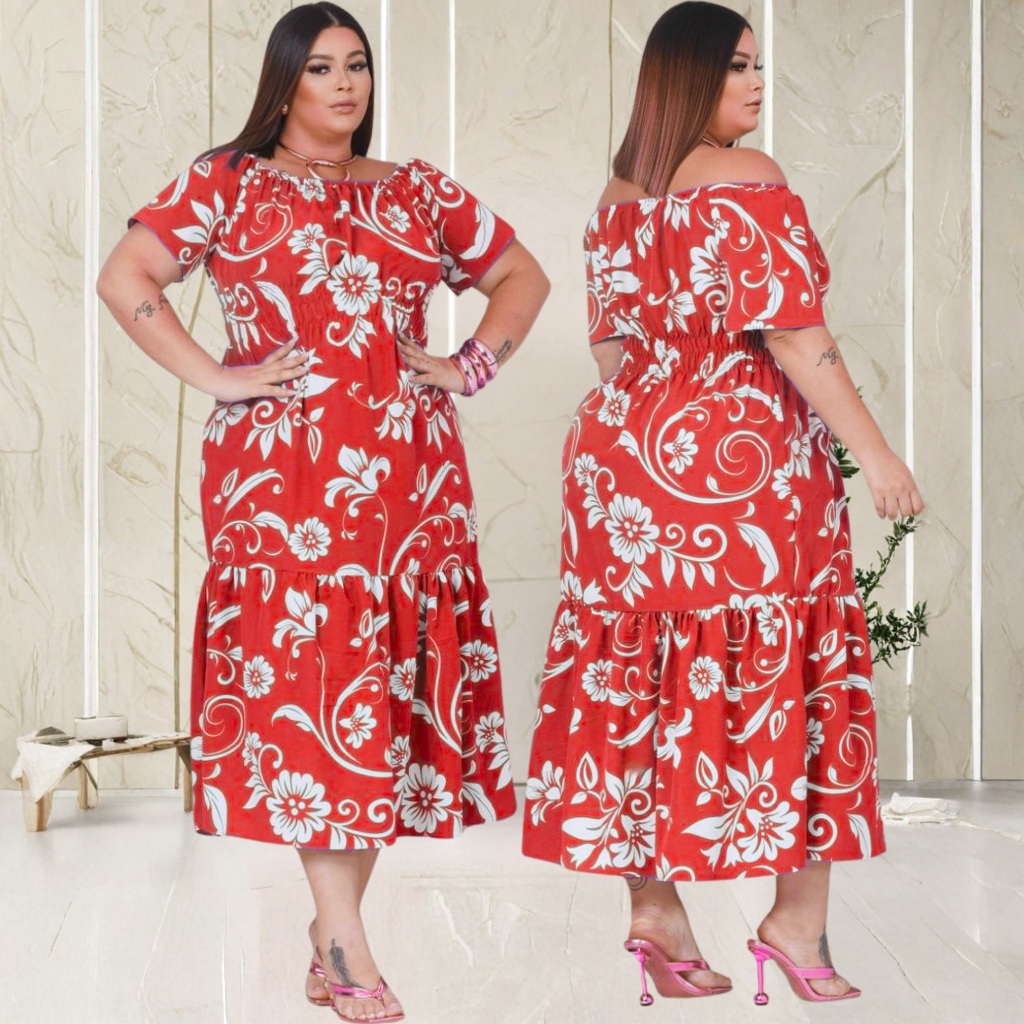 VESTIDO OMBRO A OMBRO CIGANINHA MODA FEMININA CASUAL EVANGELICA  MANGA CURTA PLUS DETALHE EM ELASTEX em Oferta na Shopee