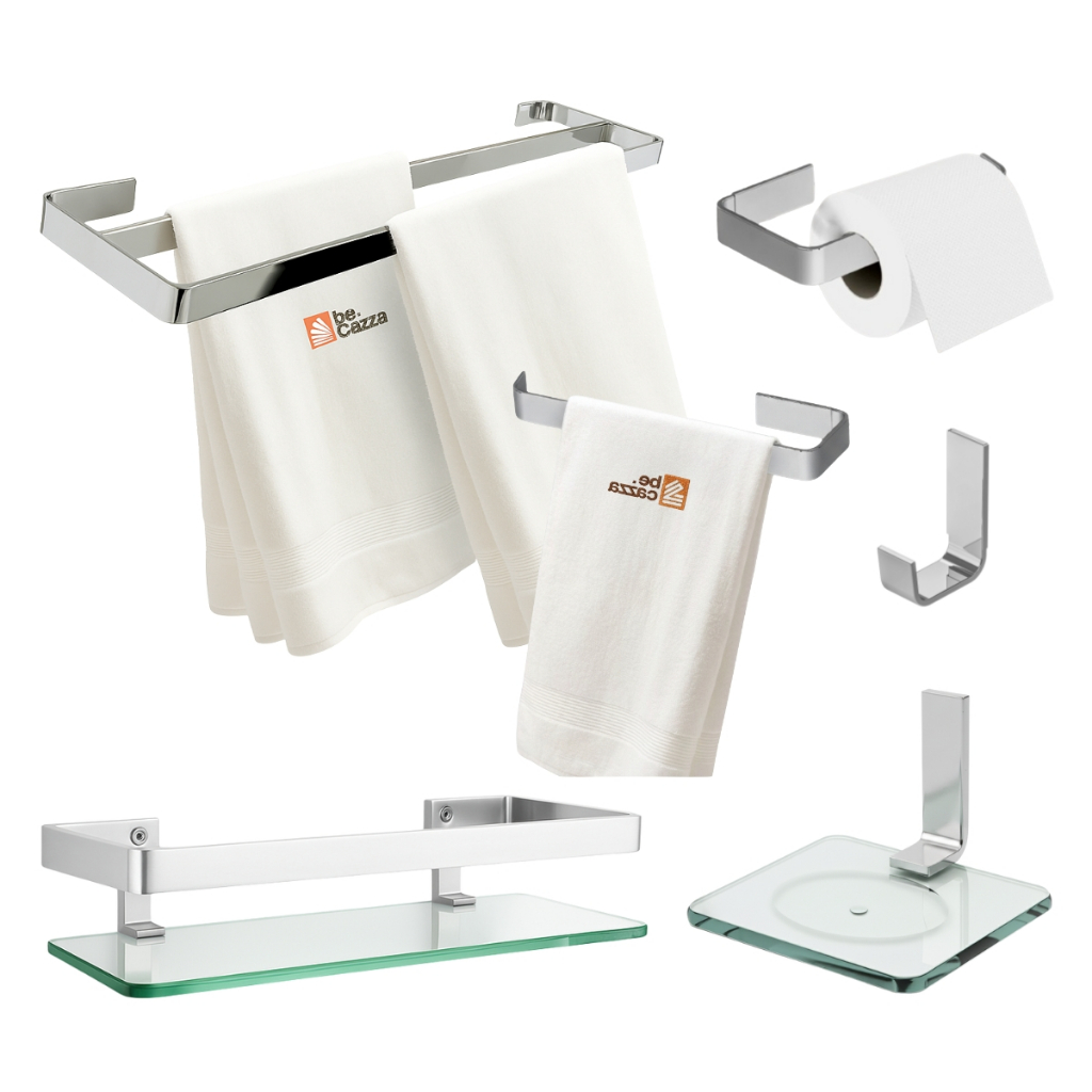 Acessórios Banheiro Com Porta Toalha Duplo Casal + Saboneteira + Porta Shampoo Cromado Vidro Incolor