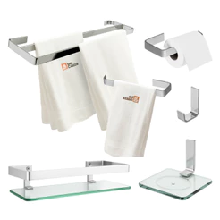 Acessórios Banheiro Com Porta Toalha Duplo Casal + Saboneteira + Porta Shampoo Cromado Vidro Incolor