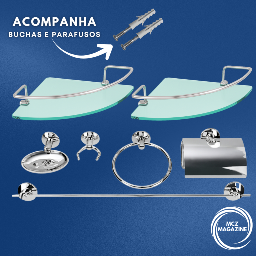 Kit Acessórios para Banheiros 7 peças com 2 Porta Shampoo CANTO Acompanha Parafusos