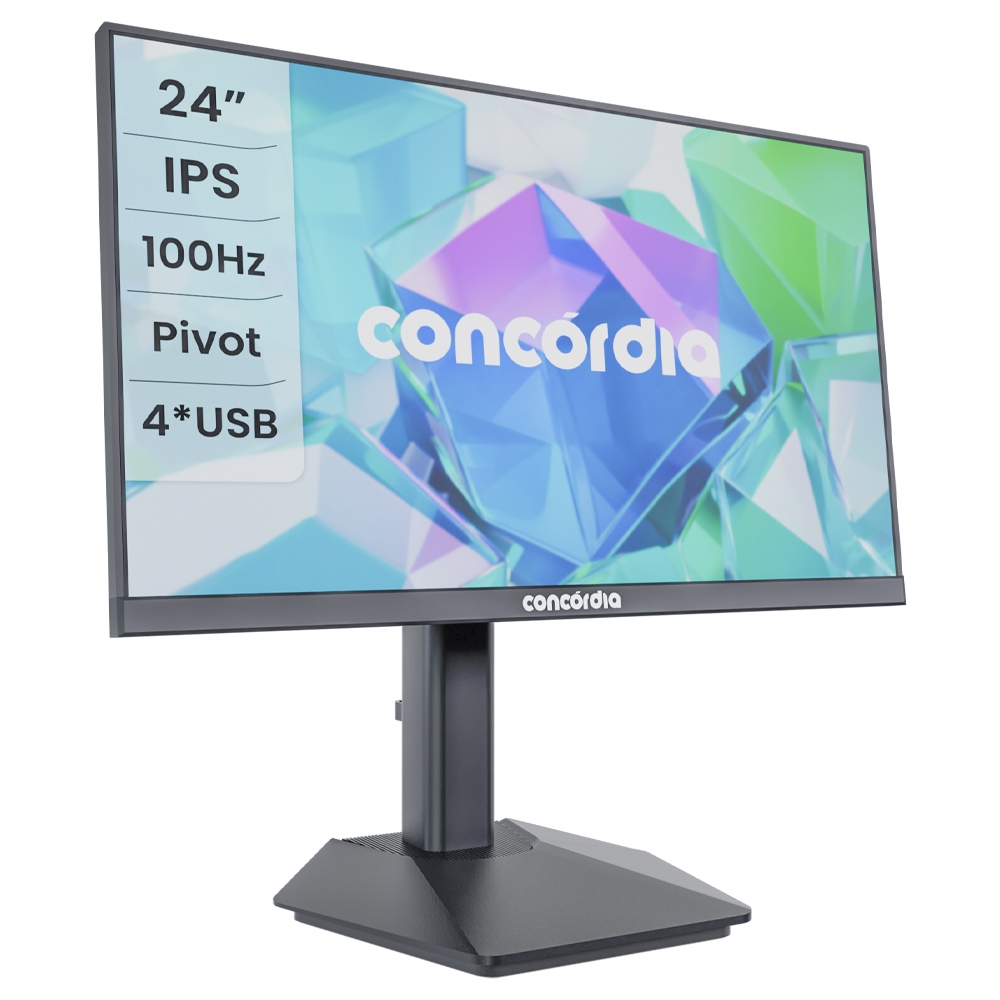 Monitor Concórdia P2404 24'' IPS HDMI DP VGA e 4 USB 3.2 Com Ajuste de Altura e Rotação
