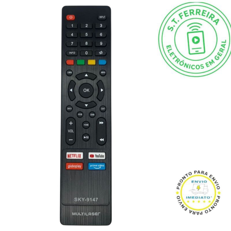 Controle Remoto Smart  SKY-9147/LE-7267 compatível  TV's Multilaser com atalhos: Netflix/Youtube/Prime Video/Globoplay