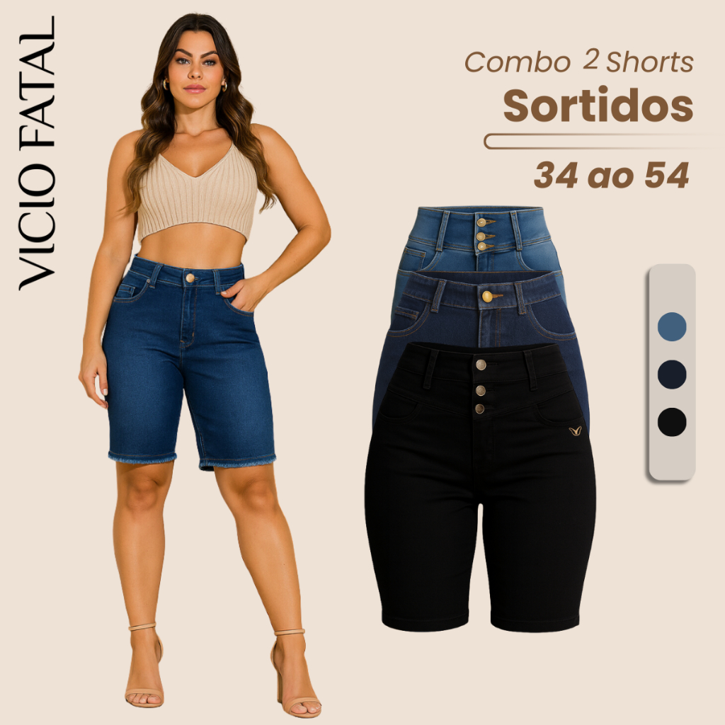 Kit 2 Bermudas Femininas Sortidas Variados Verão Jeans Sarja Elastano Shorts Meia Coxa Tendencia