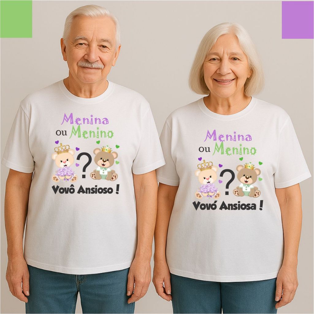 2 camisas para chá revelação ursinhos príncipes lilás e verde vovô e vovó ansiosos
