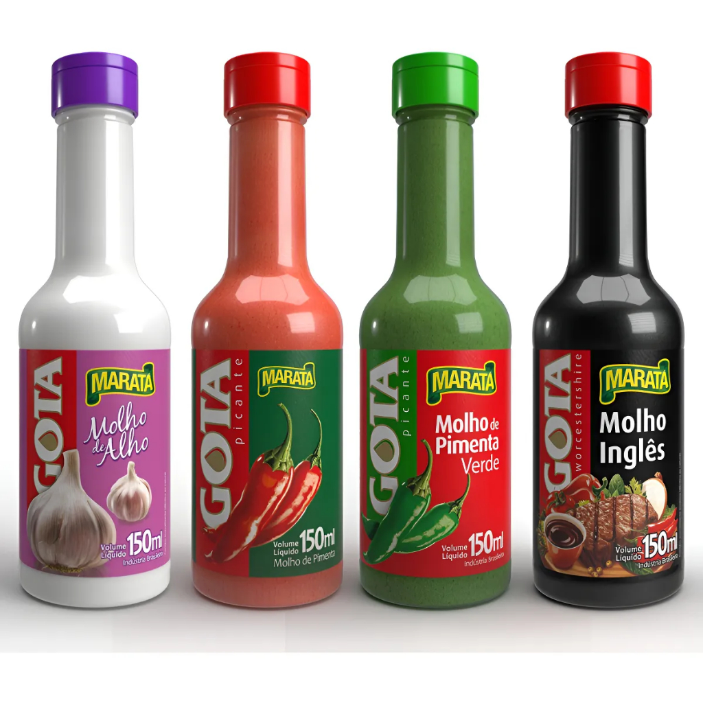 Kit Pimenta Vermelha, Verde, Molho Inglês e Molho Alho 150 ml gota Maratá