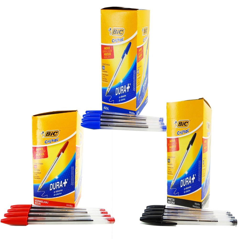 Kit 3 Cores Caneta Bic 1.0 Ponta Média com 50 Azul, 50 Preta e 50 Vermelha Caixa Original em Oferta na Shopee