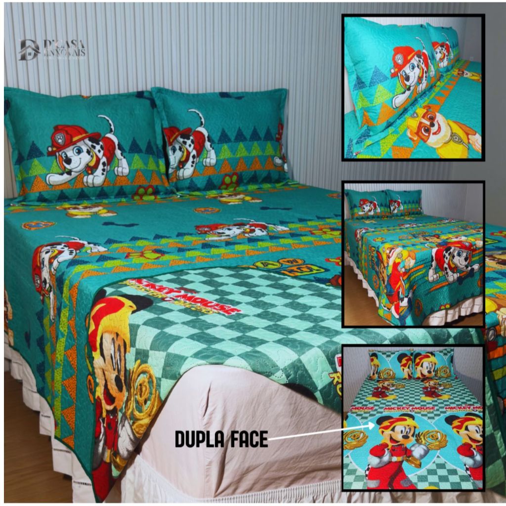Kit Colcha Cobre Leito Dupla Face Estampado Porta Travesseiros Infantil