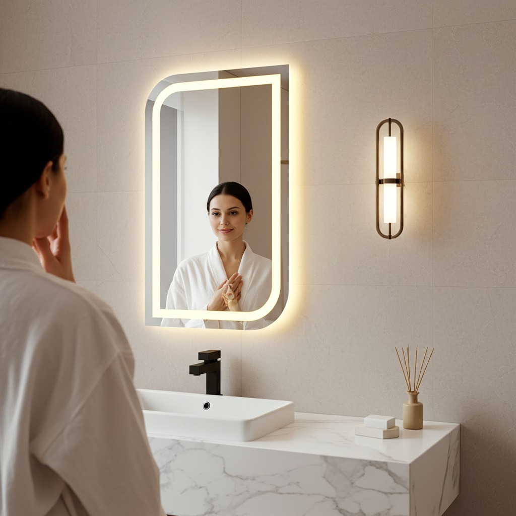 Espelho Orgânico Retangular Duo Curva Jateado com Iluminação Led 80x50 cm  Para Sala Quarto Banheiro