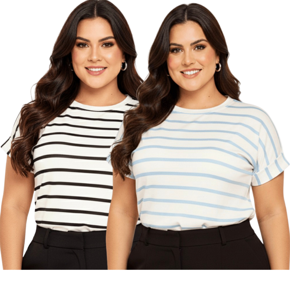 Kit 2 Camiseta T-shirts Básica Minimalista Listrada Tendencia 2025 Manga Dobrada Moderna Muscle Tee