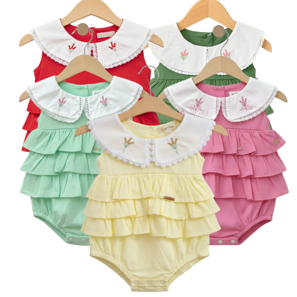 Body infantil para bebe bordado com gola e babados confortavel e charmoso bory para menina em Oferta na Shopee