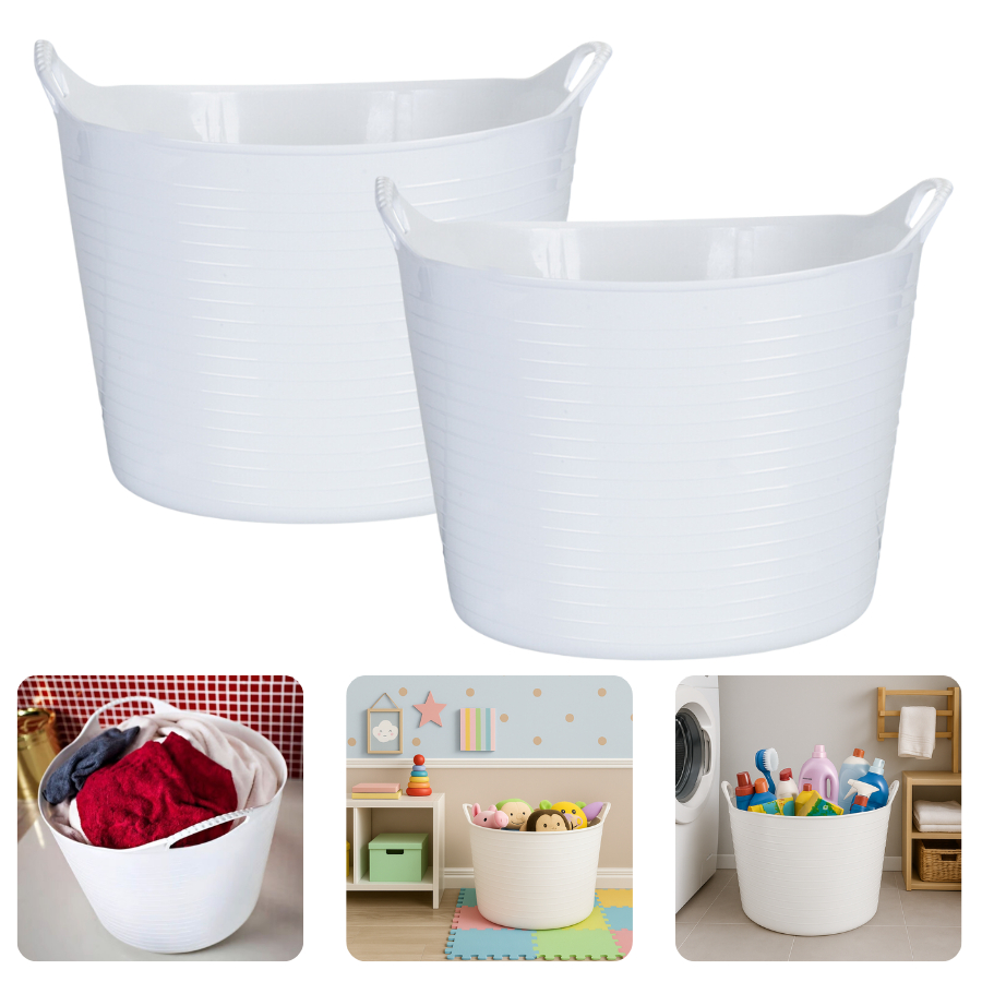 Kit 2 Baldes Multiuso Flexível Alça 42 Litros Branco Guardar Bagunça Brinquedos Roupas Lavanderia