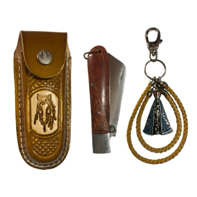 Kit Capa Bainha Para Canivete G Havana + Canivete + Chaveiro Laço Senhora Aparecida
