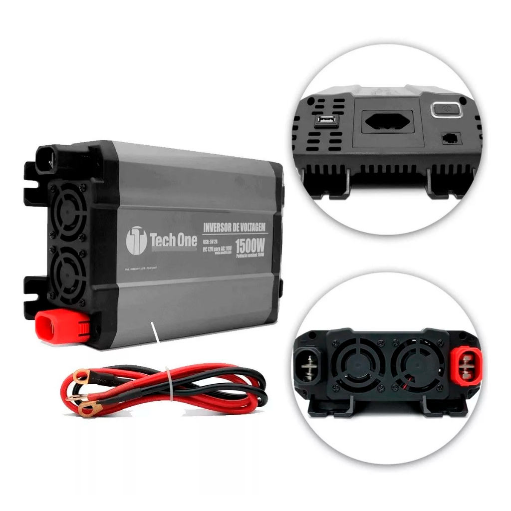 Inversor Automotivo Veicular de Voltagem Tensão 1500w 12v Para 110v Techone Tomada Entrada Usb
