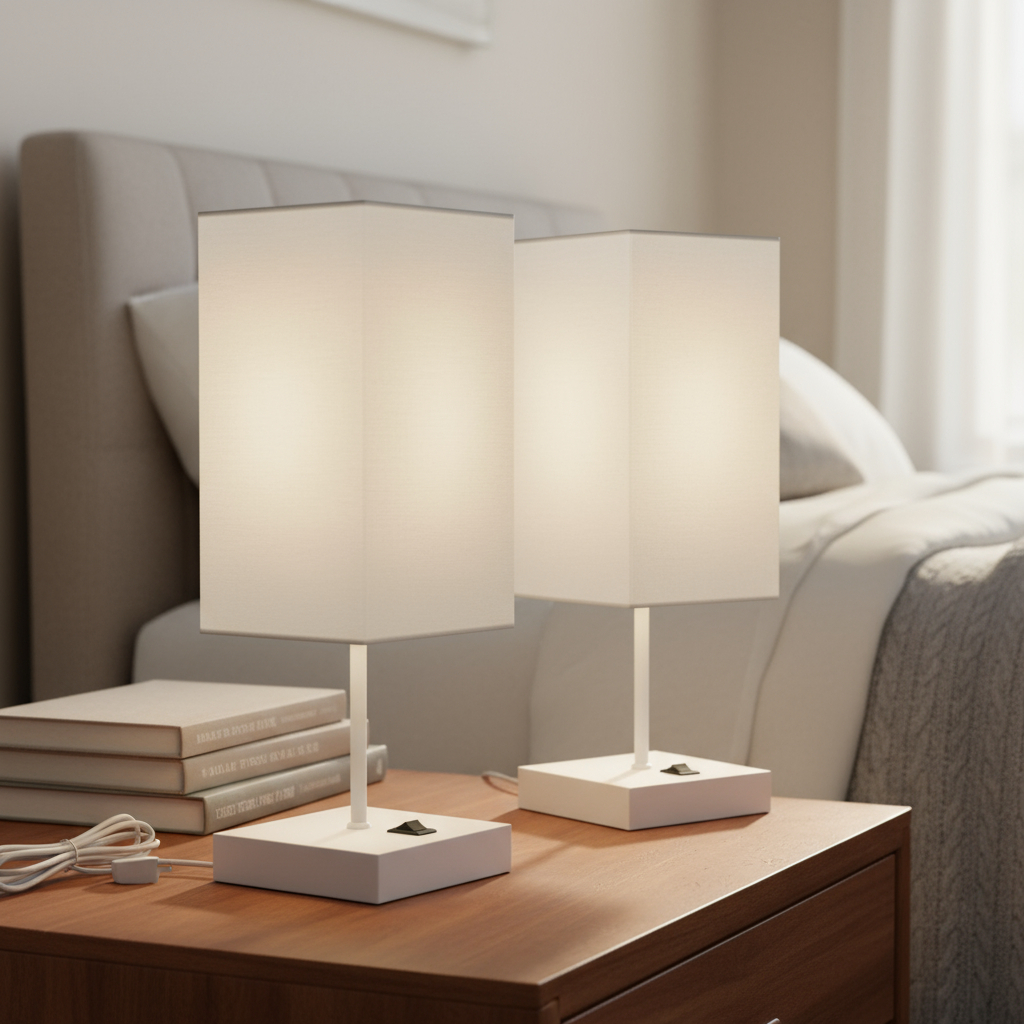 Kit 2 Abajur de Mesa luminaria Quadrado MDF Com Interruptor Com Cúpula algodão Casa canto de Sala Quarto cabeceira cama