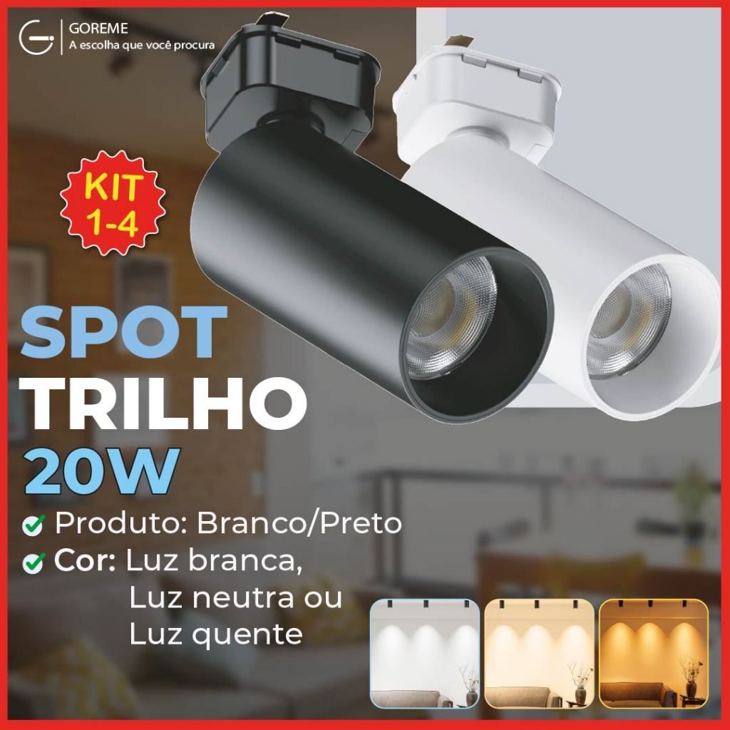 Trilho Spot LED para trilho eletrificado Preto e Branco 20W 360° | Luz Branca, Neutra e Amarela | Bivolt 110V-220V em Oferta na Shopee
