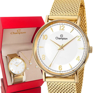 Relógio Champion Feminino Dourado Prova d'água com 1 ano de garantia e colar e brincos em Oferta na Shopee