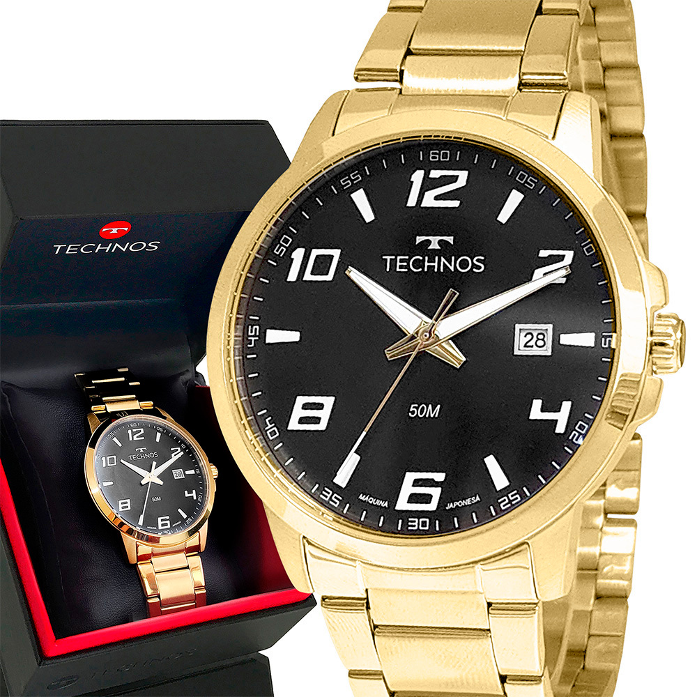 Relógio Technos Masculino Dourado Preto Original 1 Ano de Garantia em Oferta na Shopee
