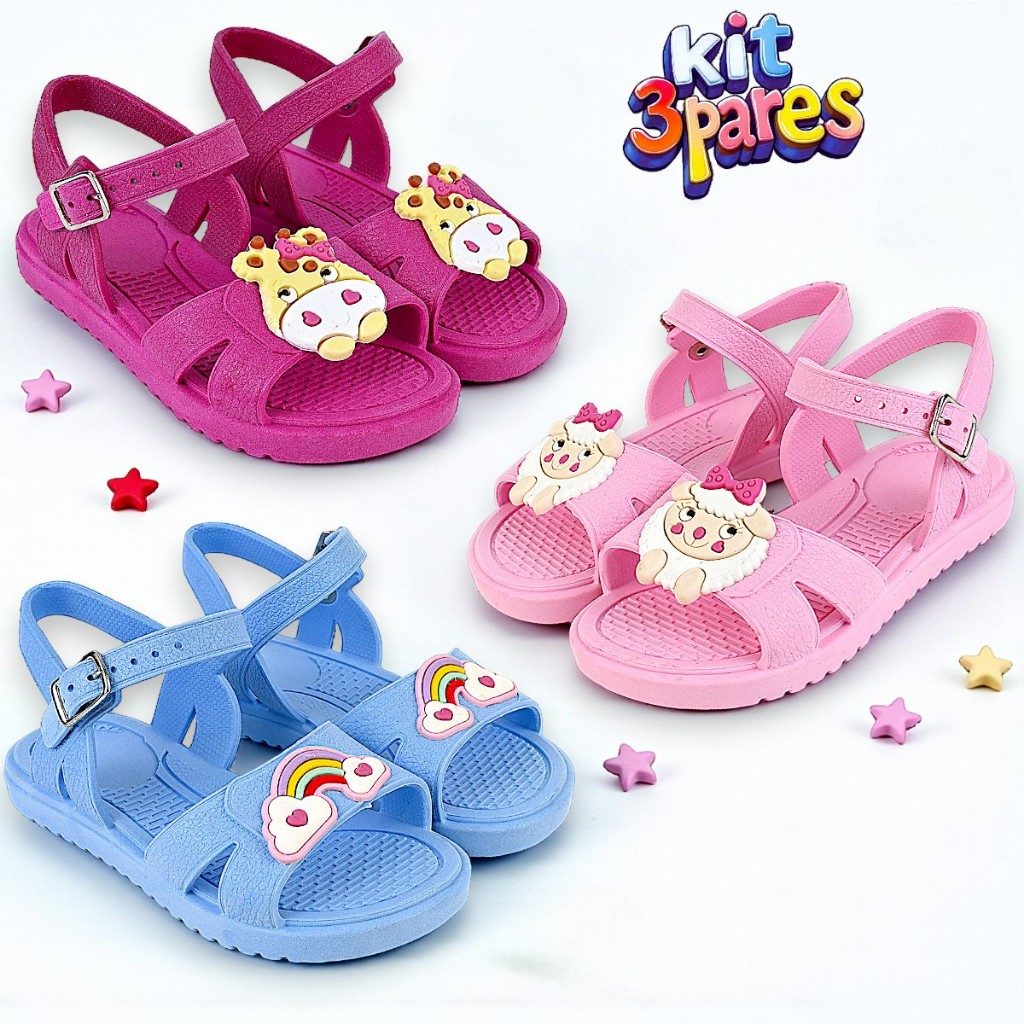 Kit 3 Pares Sandália Rasteirinha Menina Infantil Leve e Confortável