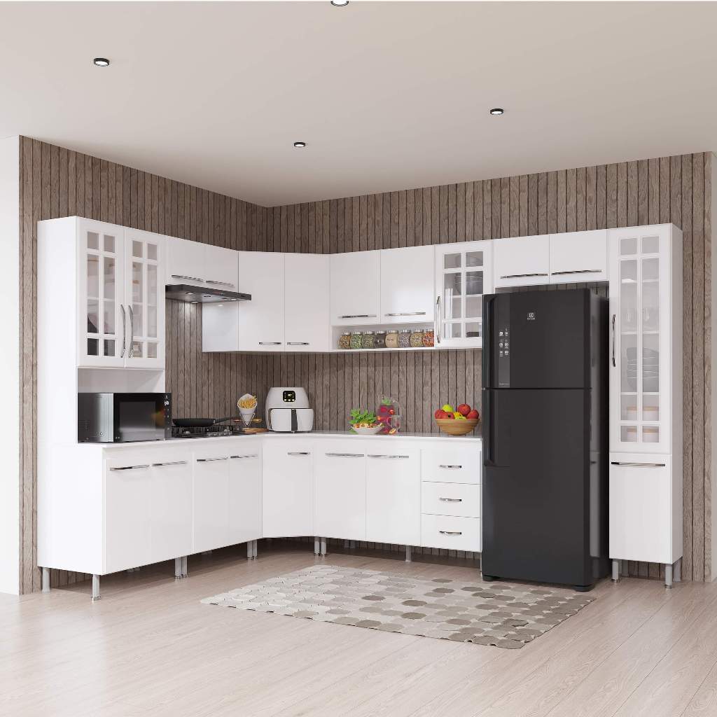 Armário de Cozinha Modulada Completa Fidelitá Viena 9 Peças 515cm 20 Portas 3 Gavetas Com Tampo Branco em Oferta na Shopee