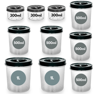 Kit 10 Potes Redondo 3 de 300ML + 5 de 500ml + 2 de 1L Transparente Tampa Rosca Mantimento Cereal