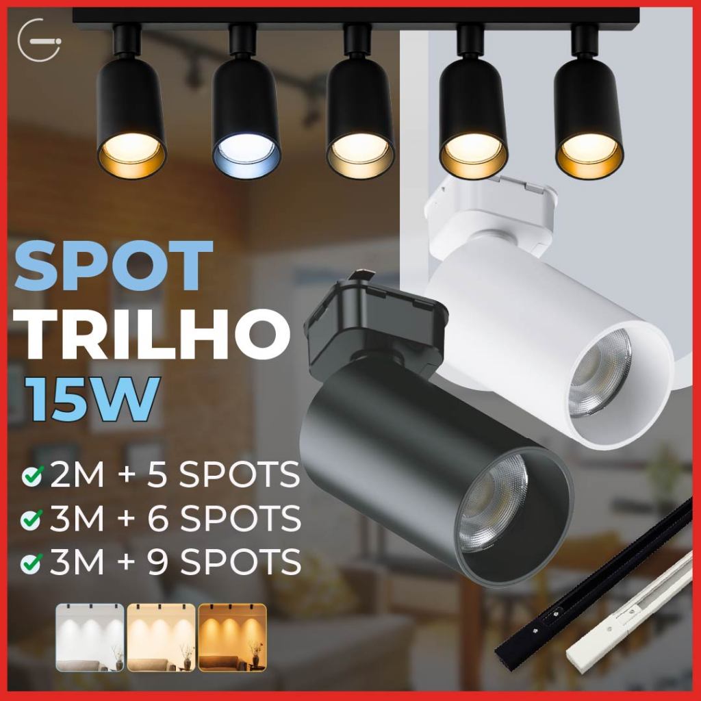 Trilho Spot LED para trilho eletrificado + Trilho + Conector Tubinho Preto e Branco 15W 360°  Bivolt  | Acompanha Trilho