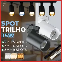 Trilho Spot LED para trilho eletrificado + Trilho + Conector Tubinho Preto e Branco 15W 360° Bivolt | Acompanha Trilho