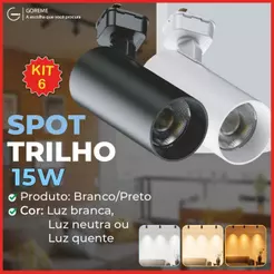 Kit 6 Trilho Spot LED para trilho eletrificado Preto e Branco 15W 360° | Luz Branca, Neutra e Amarela | Bivolt 110V-220V
