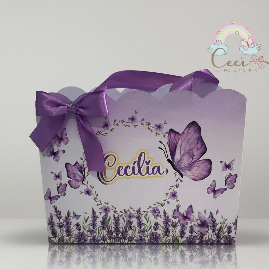 Sacolinha Personalizada Jardim das Borboletas Lilás • Lembrancinha Festa Infantil • Sacola Surpresa Pegue e Monte