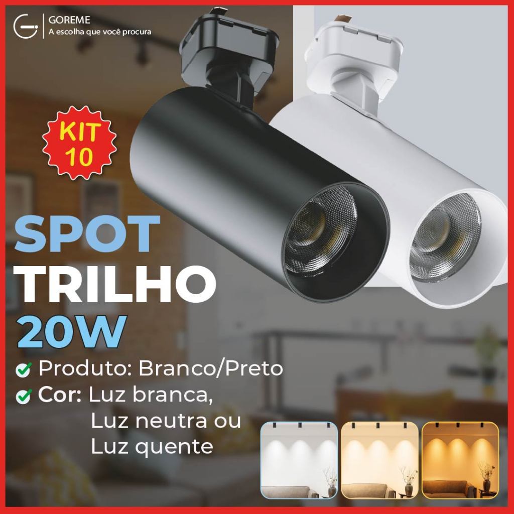 Kit 10 Spot LED para trilho eletrificado Tubinho Preto e Branco 20W 360°| Luz Branca, Neutra e Amarela | Bivolt 110-220V em Oferta na Shopee