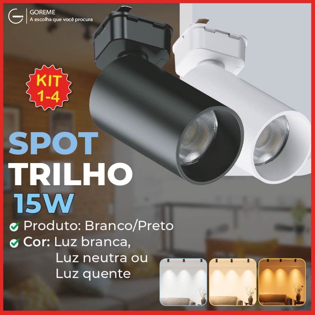 Trilho Spot LED para trilho + Trilho + Conector Preto e Branco 15W 360°  Luz Branca, Neutra e Amarela Bivolt 110V-220V em Oferta na Shopee