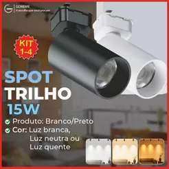 Trilho Spot LED para trilho + Trilho + Conector Preto e Branco 15W 360° Luz Branca, Neutra e Amarela Bivolt 110V-220V