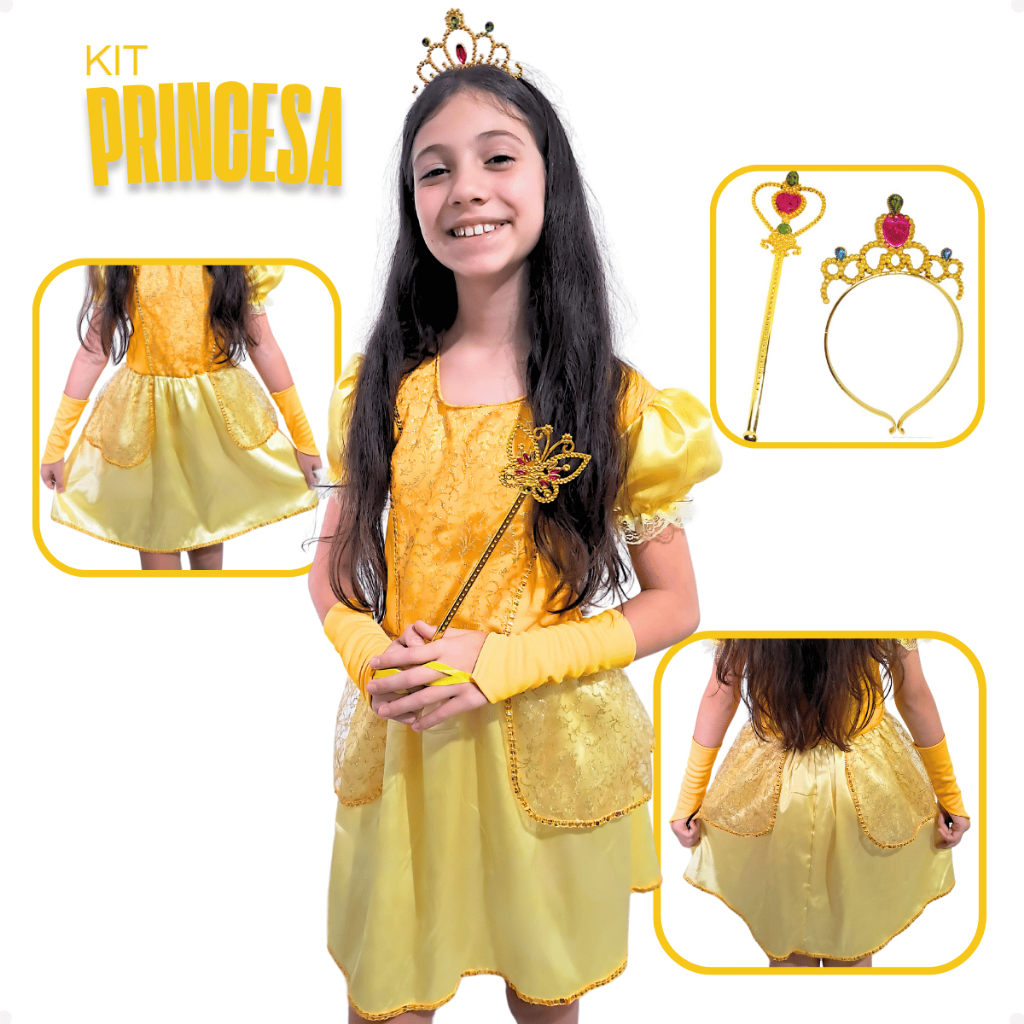 Vestido Fantasia Princesas Bela e a Fera Menina Infantil Curto Luxuoso Luva Tiara e Varinha em Oferta na Shopee