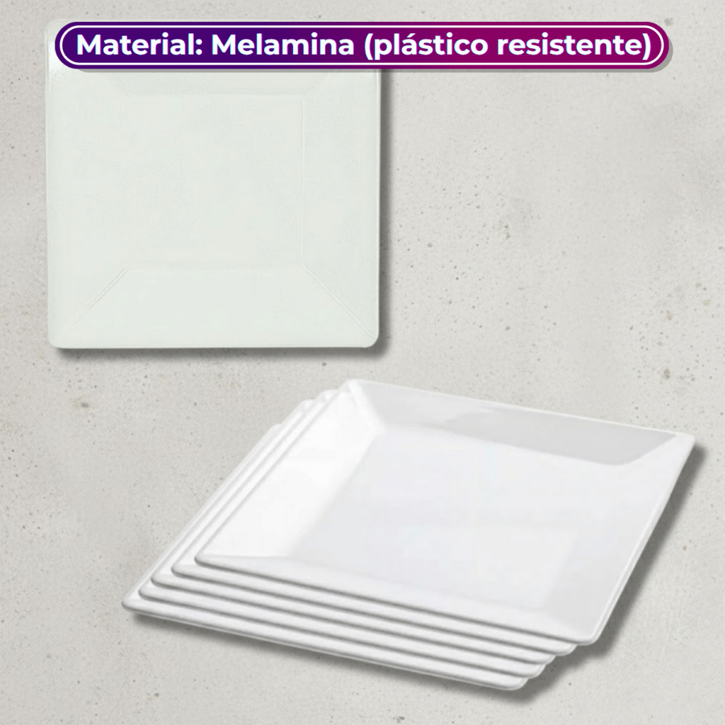 Jogo 6 Pratos Rasos Brancos 20cm Quadrado Melamina Multiuso Ideal para Restaurante Buffet