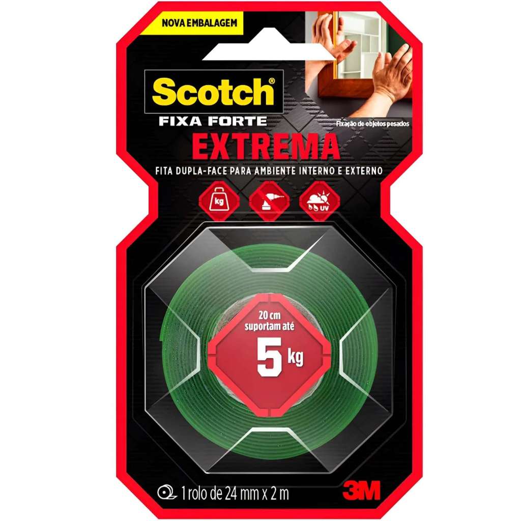 Fita Dupla Face 3M Original Extrema Fixa Forte 24mm X 2m Parede Fixa Quadro Espelho 5kg Scoth